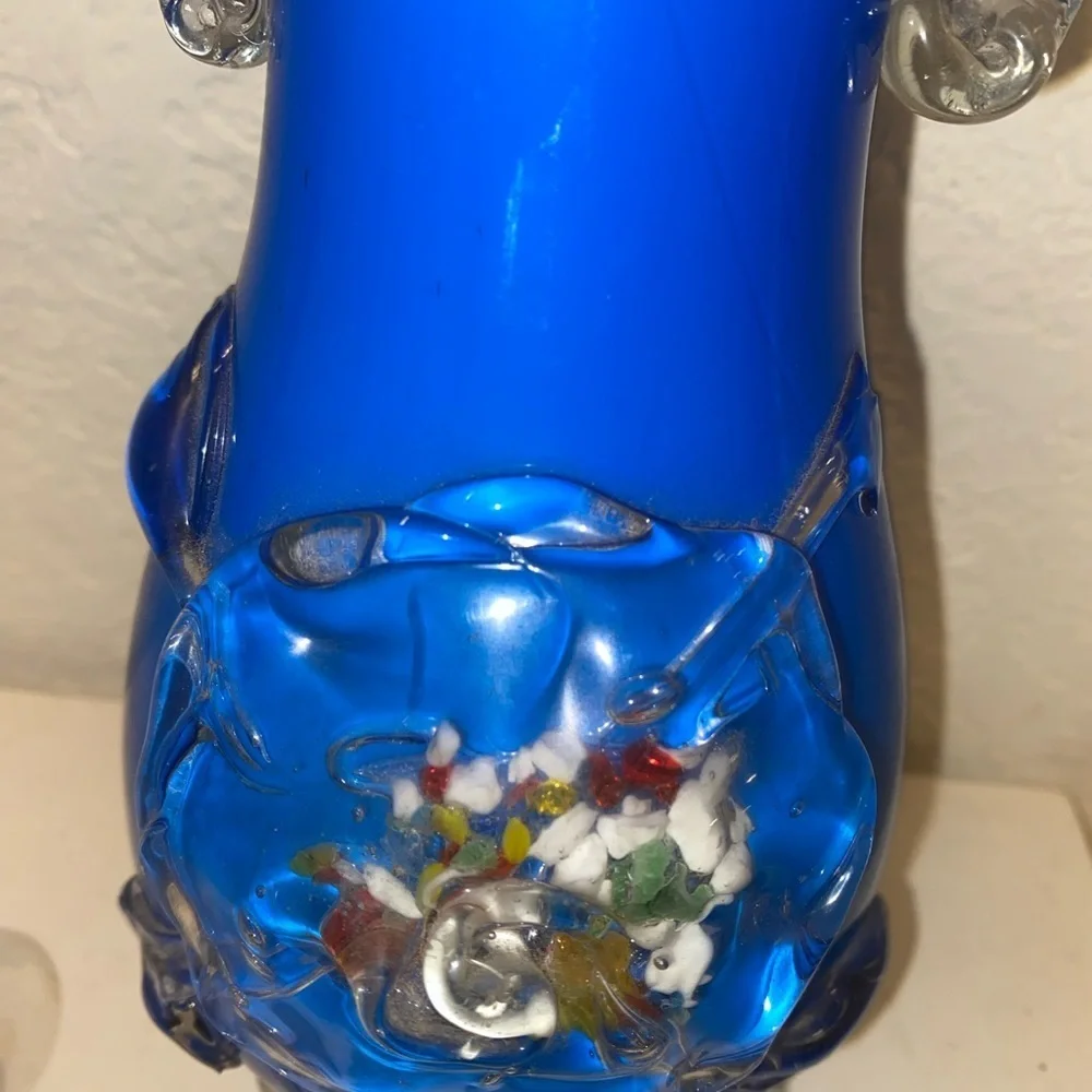 Vintage Hand Blown Confetti Fused Plum Blossom Cobalt Blue Glass MCM Vase 9.5”H